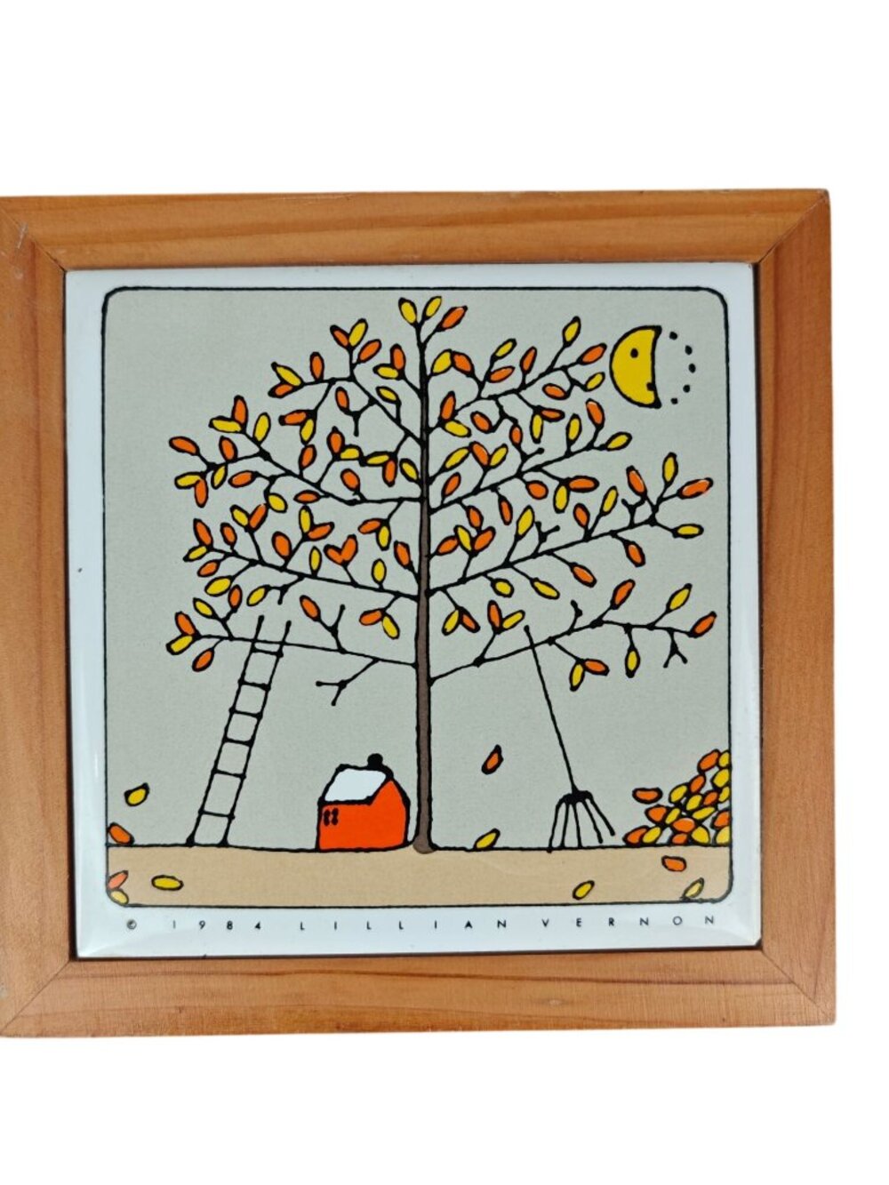 Vintage Lillian Vernon Trivet Tile Art Framed Wall Décor Autumn Tree Taiwan 1984